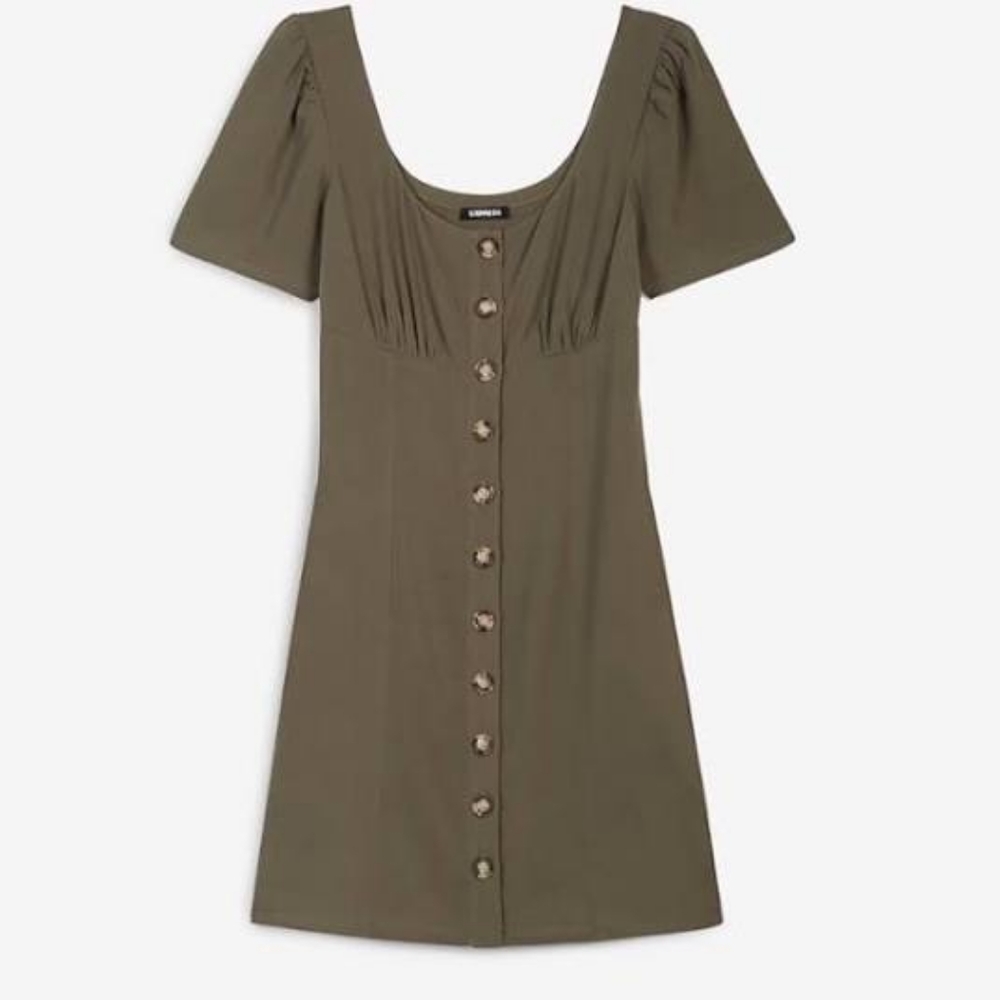 Express Neutral Olive Green Button-down Short-Sleeve Dress XL